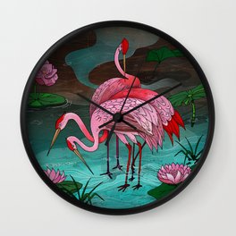 Pink Heron Wall Clock | Japanese, Fancy, Art, Magic, Fog, Nature, Waterlily, Animal, Pink, Asian 