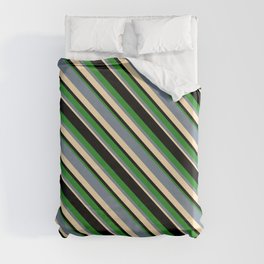[ Thumbnail: Light Slate Gray, Beige, Black, and Forest Green Colored Lined Pattern Duvet Cover ]