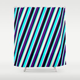 [ Thumbnail: Aqua, Beige, Indigo, and Black Colored Striped Pattern Shower Curtain ]