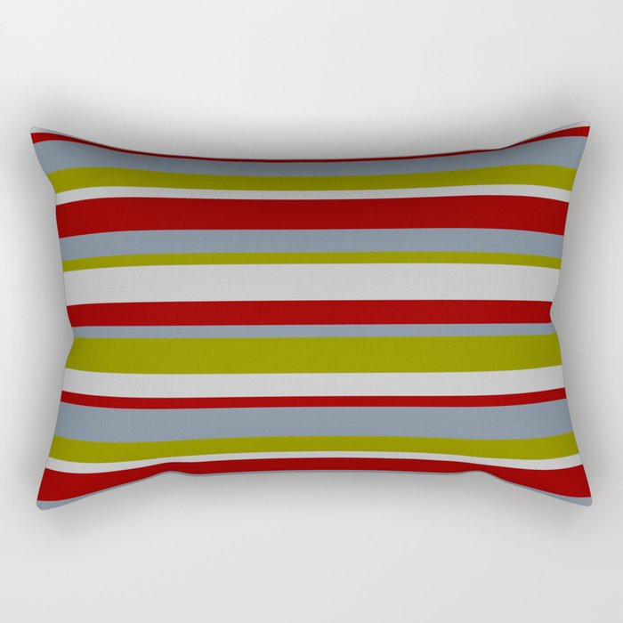 Slate Gray, Green, Grey & Dark Red Colored Pattern of Stripes Rectangular Pillow