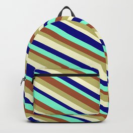 [ Thumbnail: Eye-catching Sienna, Dark Khaki, Light Yellow, Blue, and Aquamarine Colored Striped/Lined Pattern Backpack ]