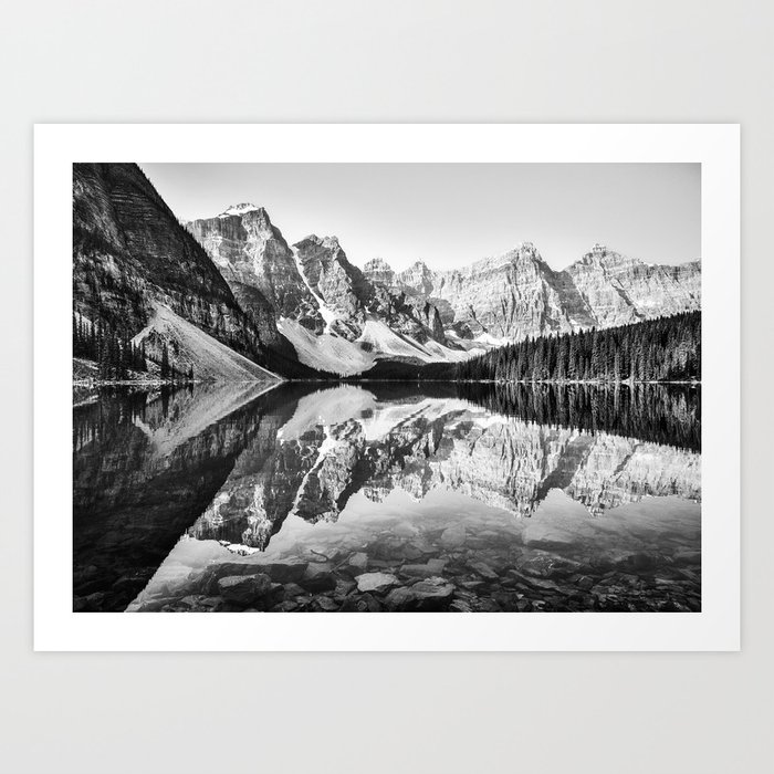 Moraine lake reflection black and white art print Moraine lake reflection black and white art print