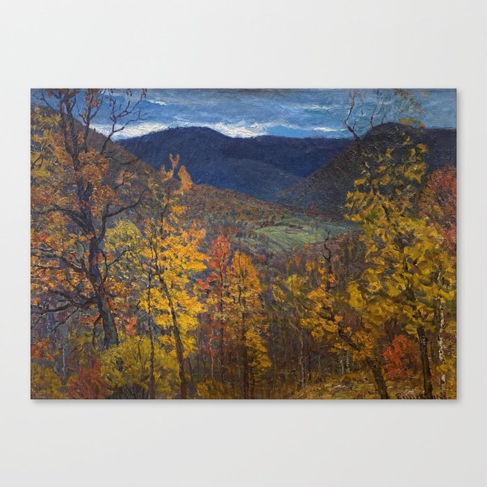 Autumn mountain vista twilight alpine birch and aspen foliage landscape painting by John Joseph Enneking Canvas Print