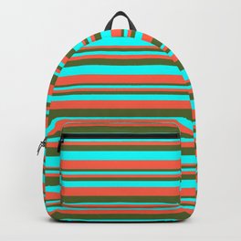 [ Thumbnail: Red, Dark Olive Green & Aqua Colored Lined Pattern Backpack ]