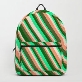 [ Thumbnail: Vibrant Green, Beige, Light Salmon, Dark Olive Green & Dark Green Colored Striped/Lined Pattern Backpack ]