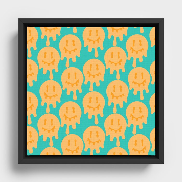 Melted Smiley Faces Trippy Seamless Pattern - Blue and Yellow Framed Canvas