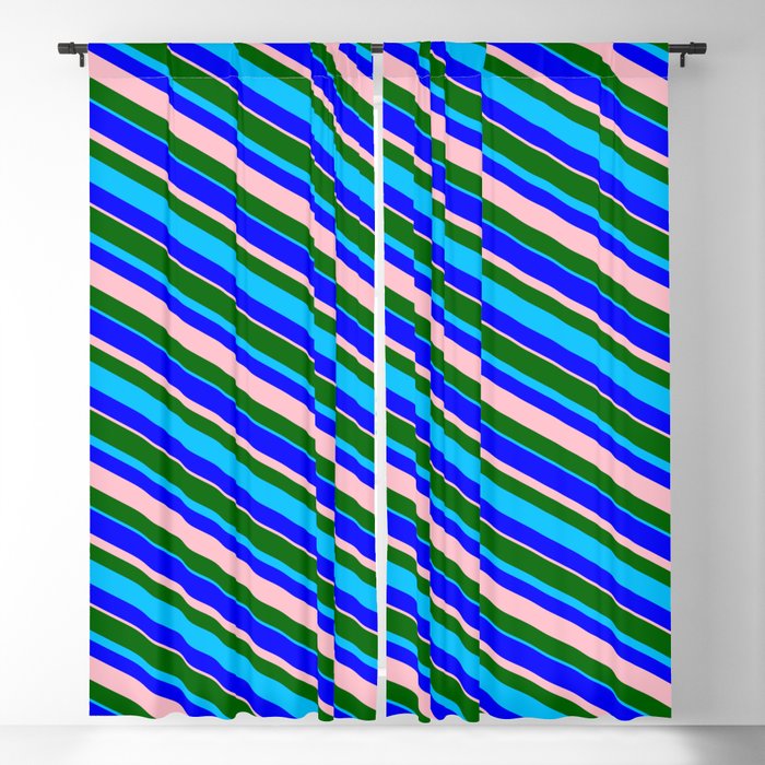 Dark Green, Deep Sky Blue, Blue & Pink Colored Stripes/Lines Pattern Blackout Curtain