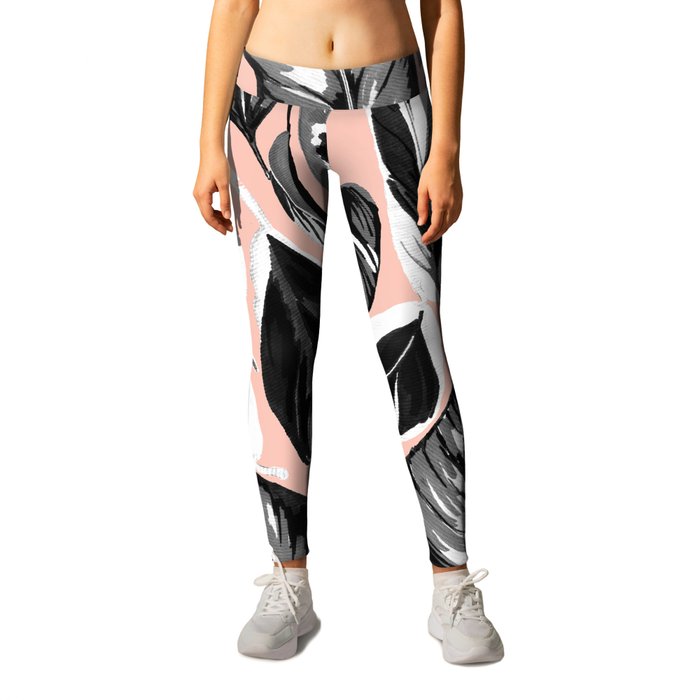 Calathea black & grey leaves with pale background Leggings
