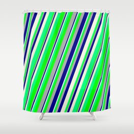 [ Thumbnail: Eyecatching Dark Gray, Dark Blue, Beige, Green & Lime Colored Striped/Lined Pattern Shower Curtain ]