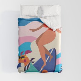 Surf dog and the girl Duvet Cover
