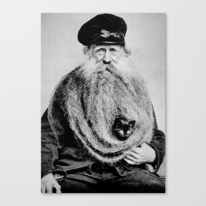Kitten in the Beard of Old Man black and white photograph Canvas Print
