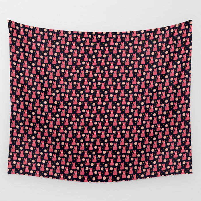 Cat Pattern Pink on Navy Wall Tapestry