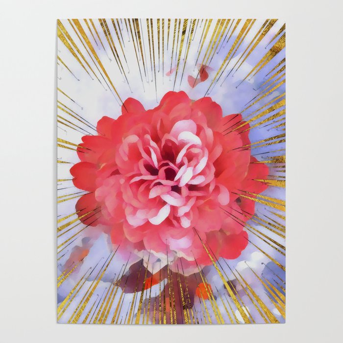 Coral Dahlia with golden arrows on cloudy sky Poster