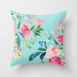 Aqua Blue Watercolor Pink Flowers Throw Pillow