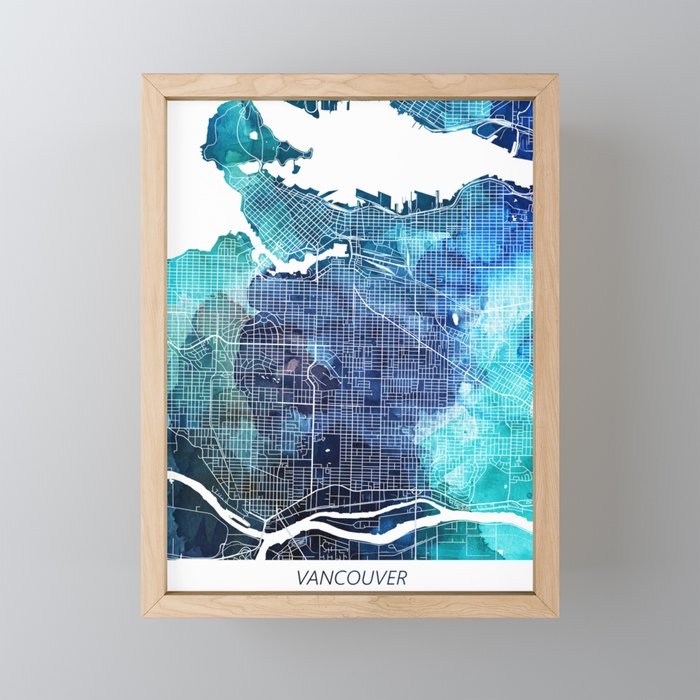Vancouver Canada Map Navy Blue Turquoise Watercolor Framed Mini Art Print