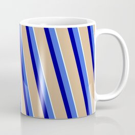 [ Thumbnail: Royal Blue, Dark Blue, Tan & Light Cyan Colored Stripes/Lines Pattern Coffee Mug ]