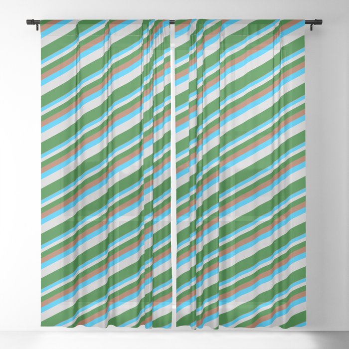 Sienna, Deep Sky Blue, Light Gray & Dark Green Colored Lined/Striped Pattern Sheer Curtain