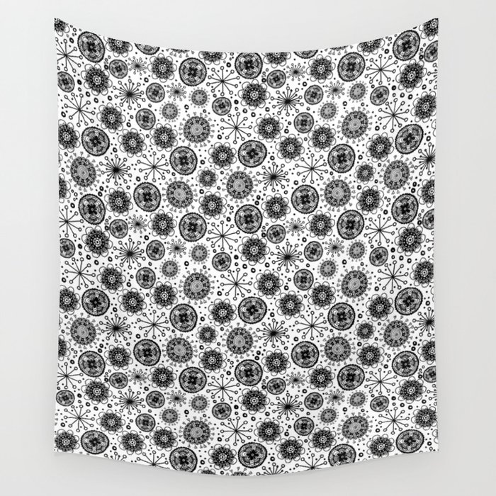 Black And White Doodle Pattern Wall Tapestry
