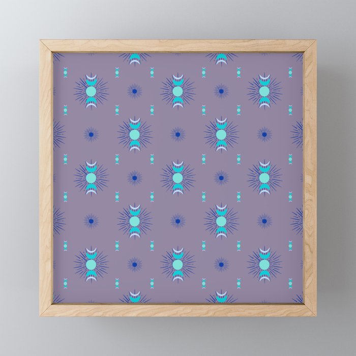Sun & Moon Pattern - Aqua, Blue & Lavender Framed Mini Art Print