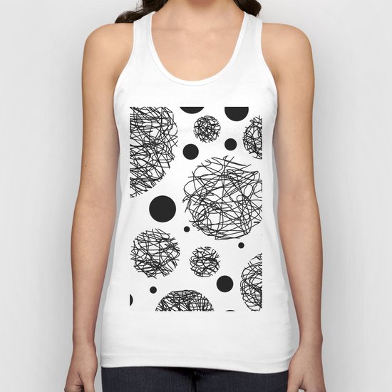 Scribbles - Black and white scribbles and black circles pattern on white Unisex Tank Top