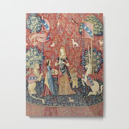 The Lady and the Unicorn Metal Print | Woven, Antique, Fancy, Lion, Ornate, Ornamental, Fantasy, Unicorn, Elegant, Textile 