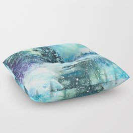 Snowy Northern Lights Forest Landscape Floor Pillow