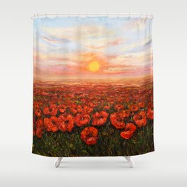 oil painting of Opium poppy( Papaver somniferum) field in front of beautiful sunset on canvas Shower Curtain