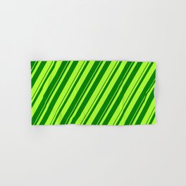 [ Thumbnail: Light Green & Green Colored Striped Pattern Hand & Bath Towel ]