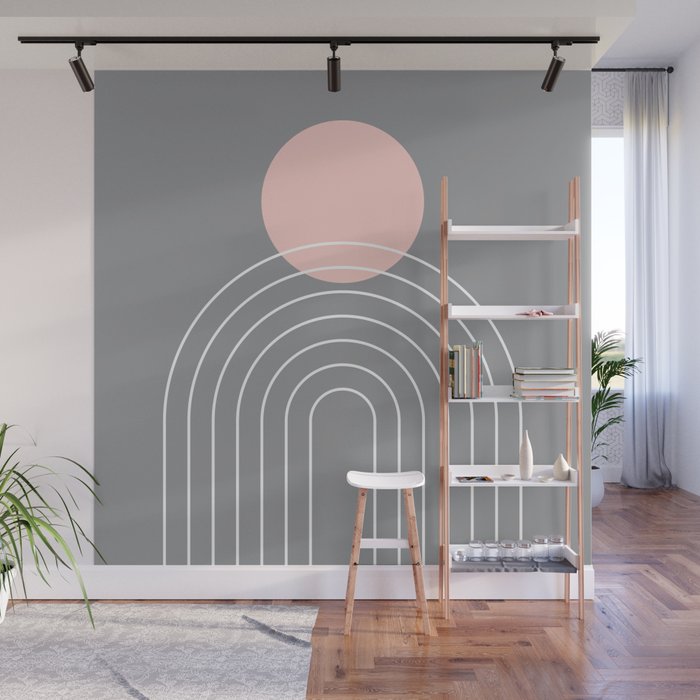 Mid Century Modern Geometric 76 in Ultimate Grey and Rose Gold (Sun and Rainbow abstraction) Wall Mural