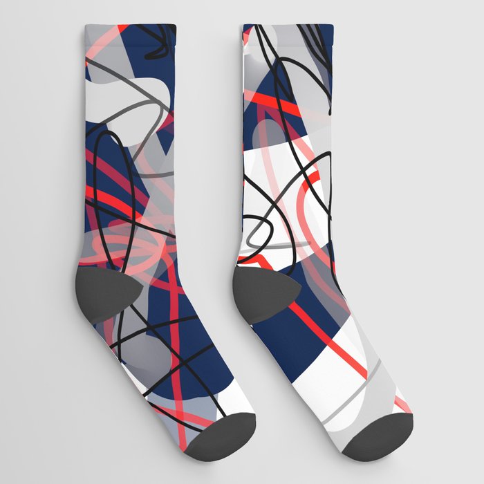 Red, Black, White & Gray Blue Squiggle Abstract Socks