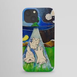Alien abduction kitty cat trippy psychedelic sun and moon cartoon iPhone Case