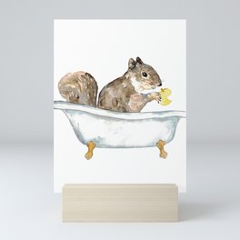 Squirrel taking bath watercolor Mini Art Print