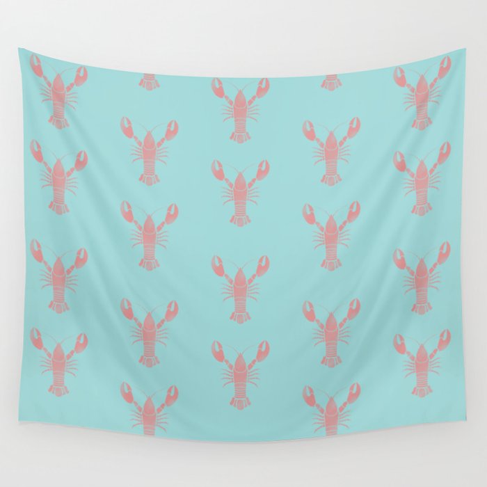 Pink stamped texture lobster on blue aqua background Wall Tapestry