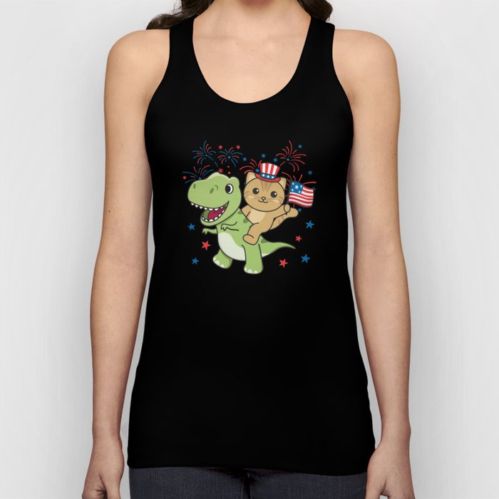 Cat With T-rex For Fourth Of July Fireworks Tank Top