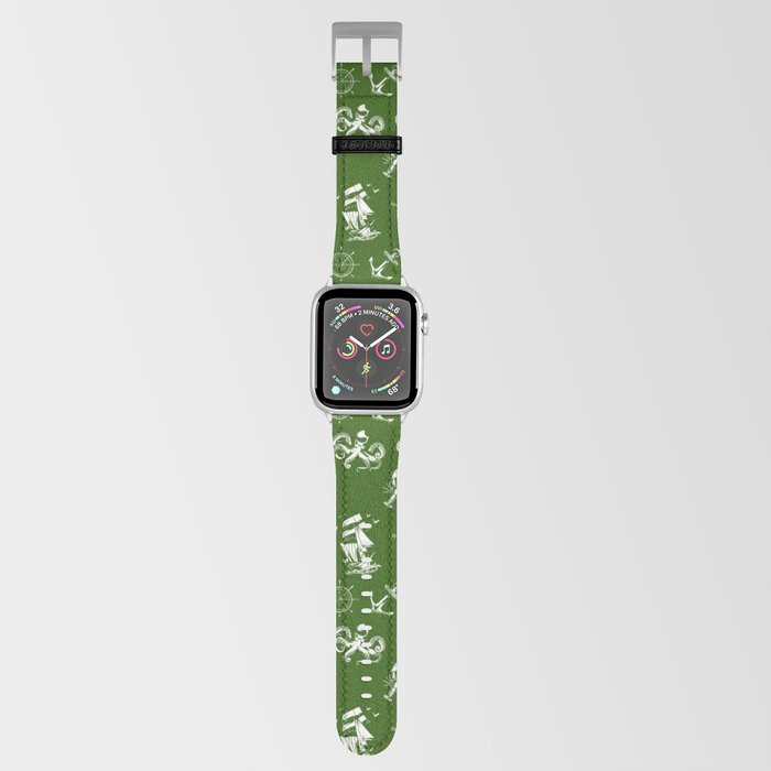 Green And White Silhouettes Of Vintage Nautical Pattern Apple Watch Band