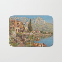 Lakeside View of Riva and Flower Gardens on Lake Garda, Italy landscape painting Bath Mat | Dahlia, Seaside, Alps, Garda, Curated, Sunflowers, Riva, Mountains, Flowers, Painting 