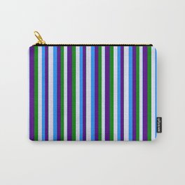 [ Thumbnail: Blue, Lavender, Green, and Indigo Colored Pattern of Stripes Carry-All Pouch ]