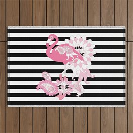 Black and White Stripe Pink Flamingo Outdoor Rug