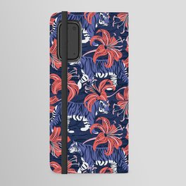 Tigers in a tiger lily garden // textured navy blue background very peri wild animals coral flowers Android Wallet Case