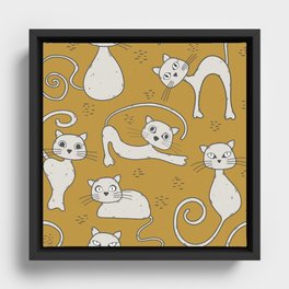 Mustard yellow and off-white cat pattern Framed Canvas