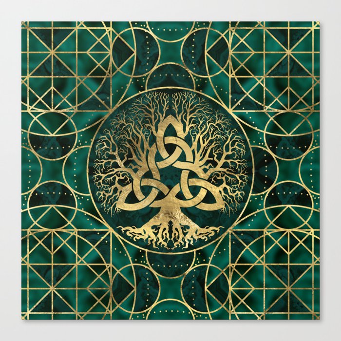 Tree of life with Triquetra Malachite and Gold Canvas Print