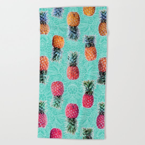 From Pineapple to Pink - tropical doodle pattern on mint Beach Towel