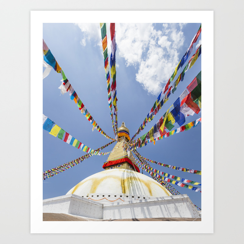 Tibetan prayer flags at Boudha stupa in Kathmandu, Nepal Art Print