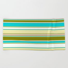 [ Thumbnail: Colorful Dark Turquoise, Pale Goldenrod, Green, Mint Cream & Tan Colored Lined/Striped Pattern Beach Towel ]