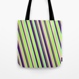 [ Thumbnail: Light Green, Pink, Dim Grey, Indigo & Green Colored Pattern of Stripes Tote Bag ]