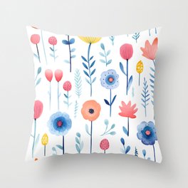Watercolor Seamless Pattern with Cute Flowers Throw Pillow