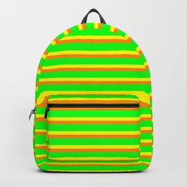 [ Thumbnail: Yellow, Dark Orange, and Lime Colored Lined/Striped Pattern Backpack ]