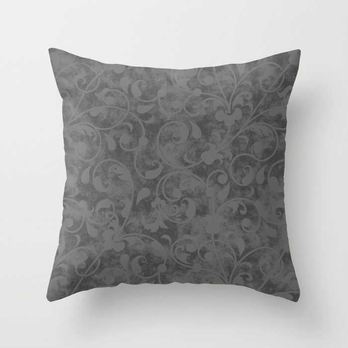 Modern Farmhouse Gray Damask Print Flower Vine on Weathered Background Throw Pillow