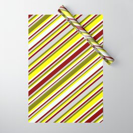 [ Thumbnail: Eyecatching Green, Yellow, Mint Cream, Dark Red, and Light Gray Colored Lined Pattern Wrapping Paper ]