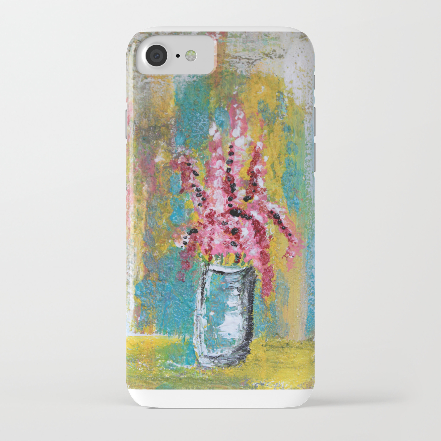 Pink Flower Vase Acrylic Painting Iphone Case By